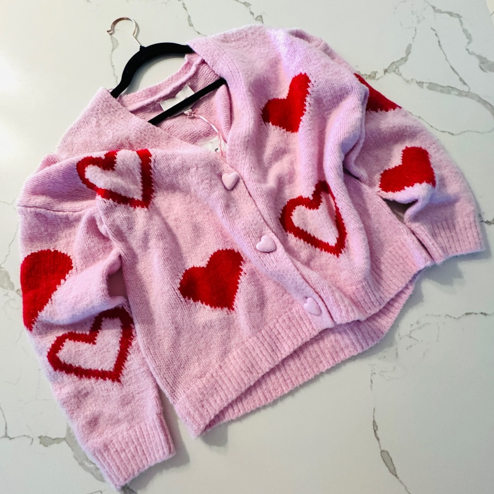 Pink Rose Pink and Red Heart Cardigan Small New